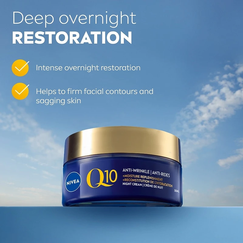 NIVEA Q10 Anti-Wrinkle Moisture Replenishment Night Face Cream, Dry to Very Dry Skin, 50mL