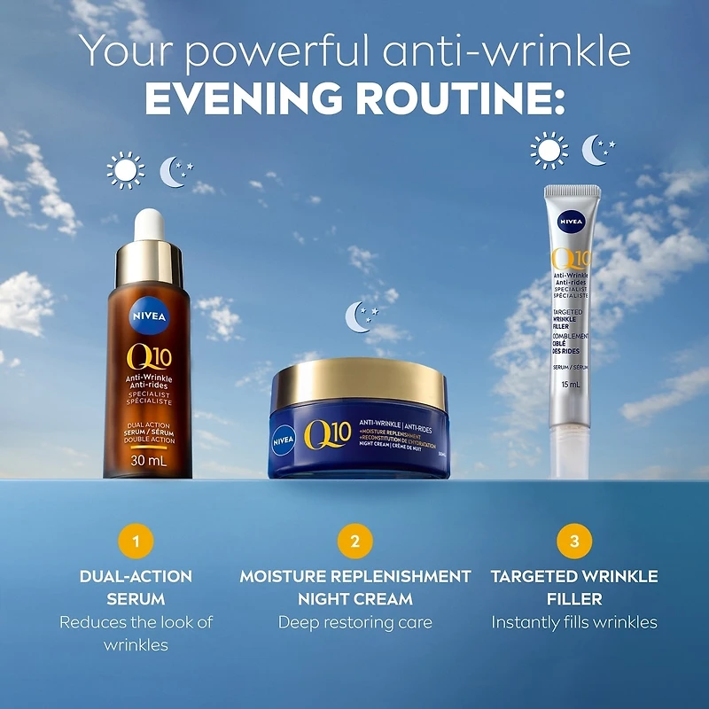 NIVEA Q10 Anti-Wrinkle Moisture Replenishment Night Face Cream, Dry to Very Dry Skin, 50mL