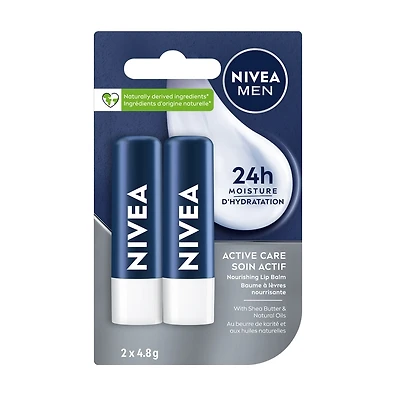 NIVEA MEN Active Care Lip Balm, 24hr hydration, Enriched with shea butter, non-greasy, no residue (2 x 4.8g)