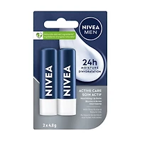 NIVEA MEN Active Care Lip Balm, 24hr hydration, Enriched with shea butter, non-greasy, no residue (2 x 4.8g)