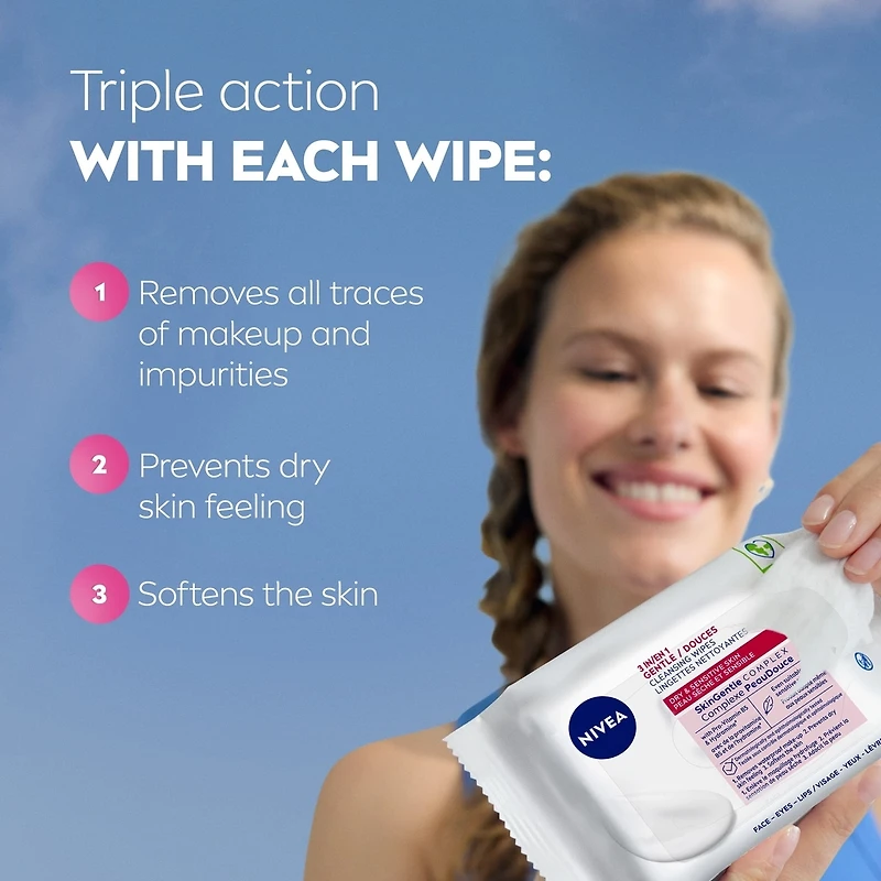 NIVEA 3-in-1 Gentle Face Cleansing Wipes Dry and Sensitive Skin, 40 Count