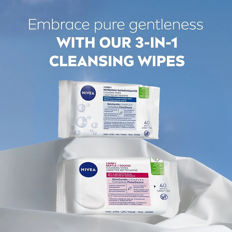 NIVEA 3-in-1 Gentle Face Cleansing Wipes Dry and Sensitive Skin, 40 Count
