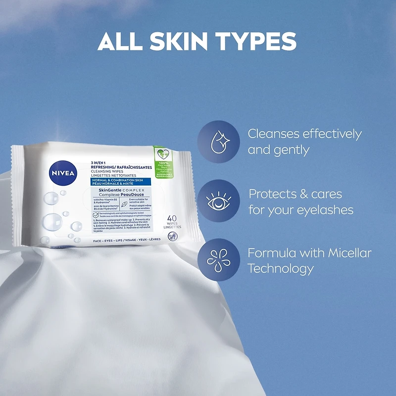 NIVEA 3-in-1 Refreshing Face Cleansing Wipes Normal and Combination Skin, 40 Count