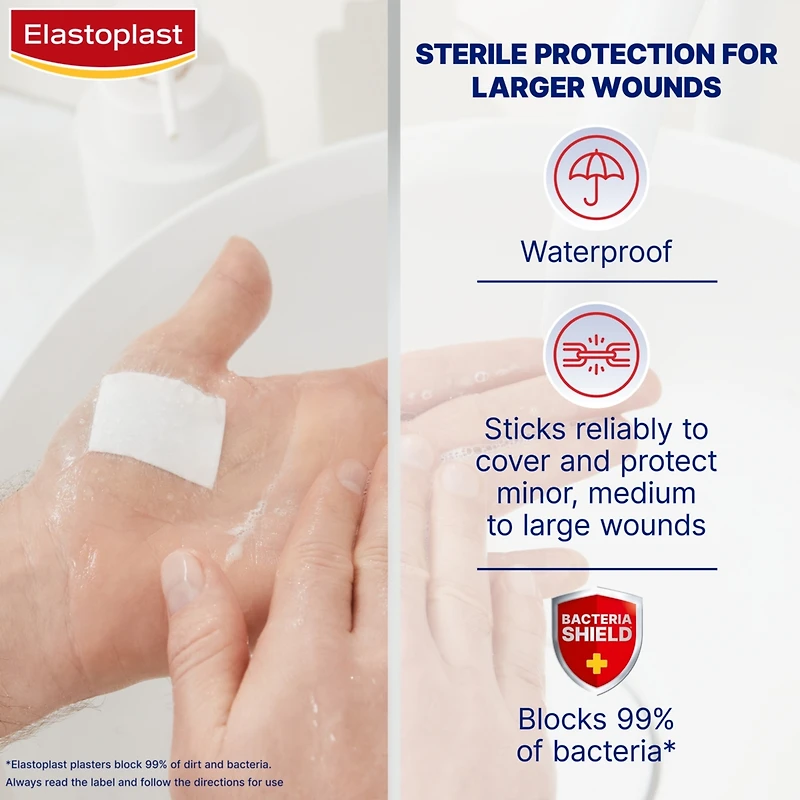 Waterproof XL Dressings | Large Plasters for Post-Operative and Everyday Acute Wounds | Extra Skin Friendly Sterile Dressings | Dermatologically approved | Bacteria Shield
