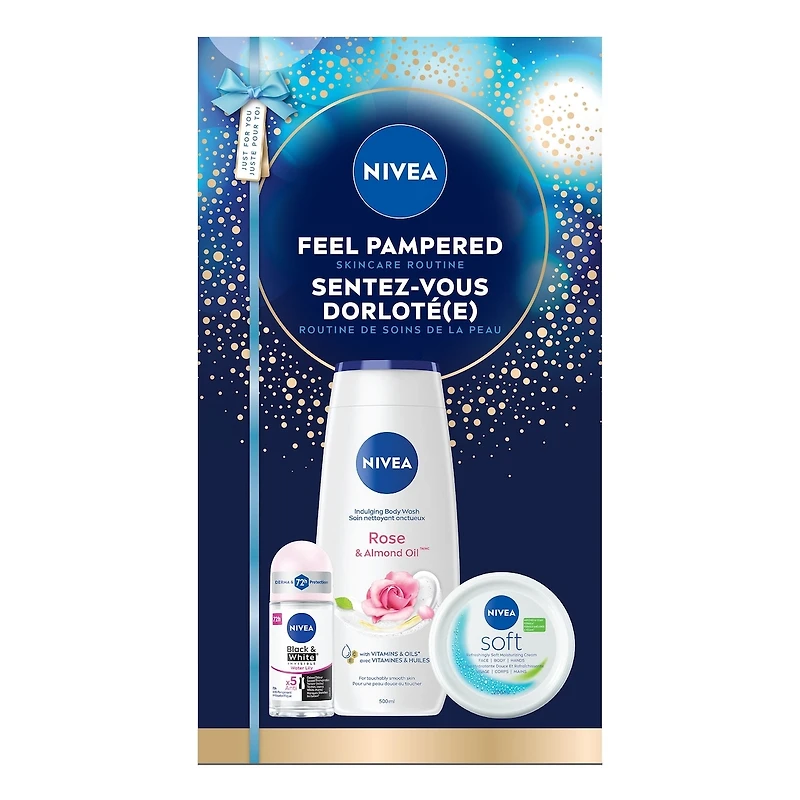 NIVEA Feel Pampered Skincare Routine Holiday Gift Set, Body Cream, Body Wash and Deodorant