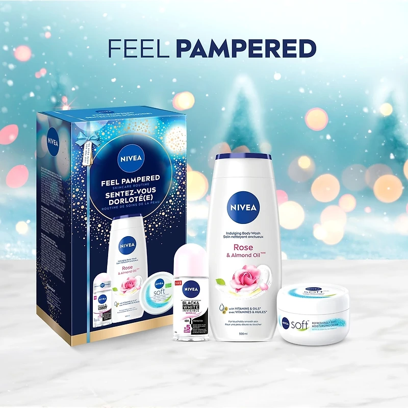 NIVEA Feel Pampered Skincare Routine Holiday Gift Set, Body Cream, Body Wash and Deodorant