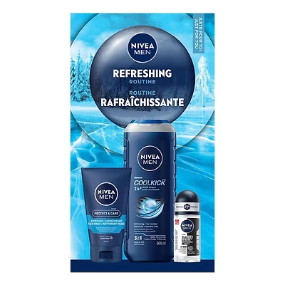 NIVEA MEN Routine Rafraîchissante, Coffret Cadeau des Fêtes, Gel Douche, Nettoyant Visage et Antisudorifique