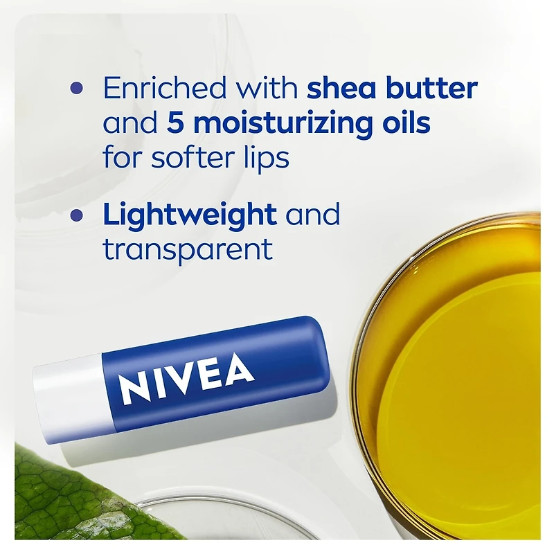 Baume à lèvres Essentiel de NIVEA, hydratation 24 heures, enrichi en beurre de karité et 5 huiles hydratantes, (2 x 4,8 g)