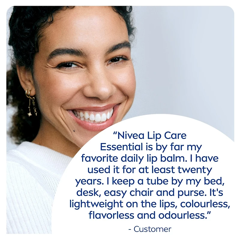 Baume à lèvres Essentiel de NIVEA, hydratation 24 heures, enrichi en beurre de karité et 5 huiles hydratantes, (2 x 4,8 g)