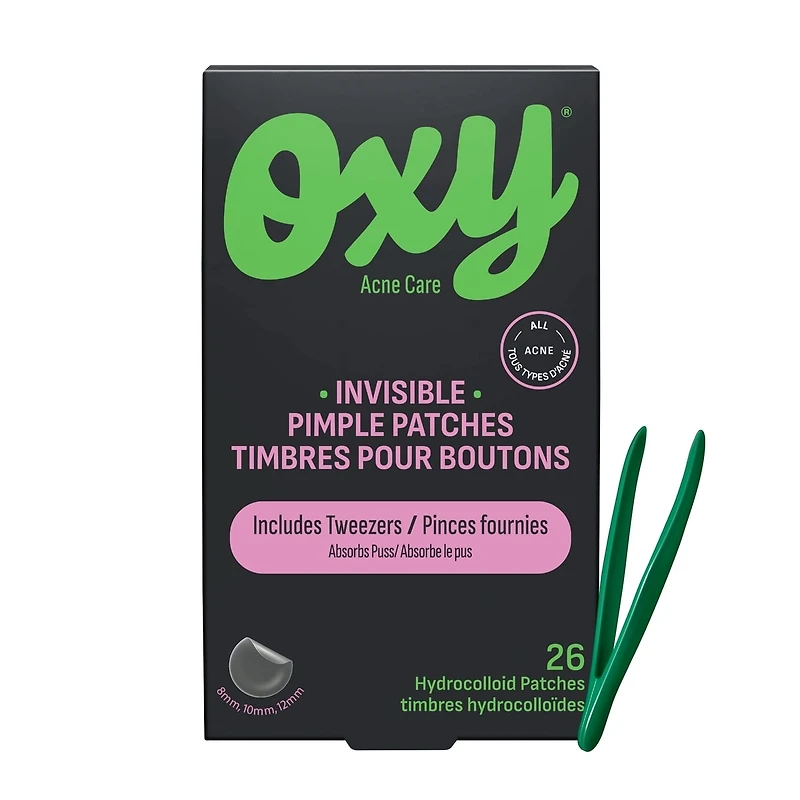 Oxy Invisible Pimple Patches for Acne, 26 Count – Hydrocolloid Pimple Patch with Tweezers, Variety Pack – Absorbs Puss, Long-Lasting, Day & Night Use