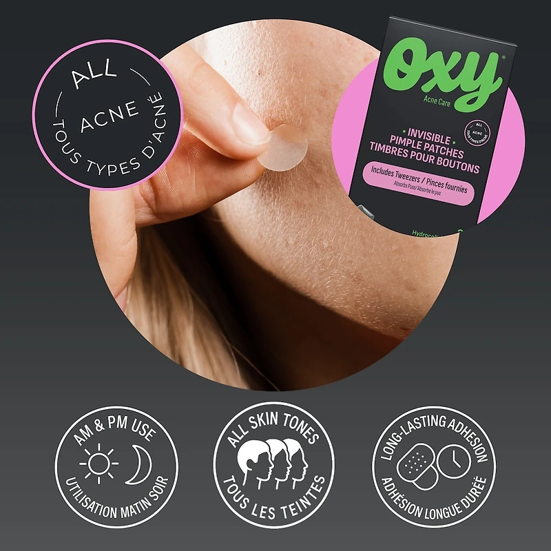Oxy Invisible Pimple Patches for Acne, 26 Count – Hydrocolloid Pimple Patch with Tweezers, Variety Pack – Absorbs Puss, Long-Lasting, Day & Night Use