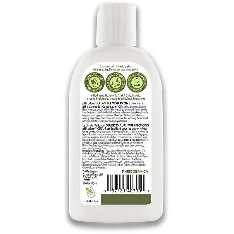 CLEAN Nettoyant pour le visage sujet aux imperfections avec acide salicylique et acide hyaluronique, sans paraben, sans savon, sans huile minérale