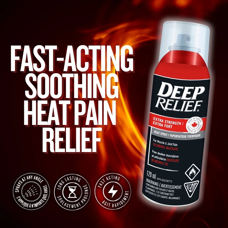 Deep Relief Extra Strength Heat Spray | Fast-Acting Pain Relief for Muscles & Joints | Deep Penetrating Heat Therapy |Non-Greasy, Quick-Drying Formula | Made in Canada – 120ml