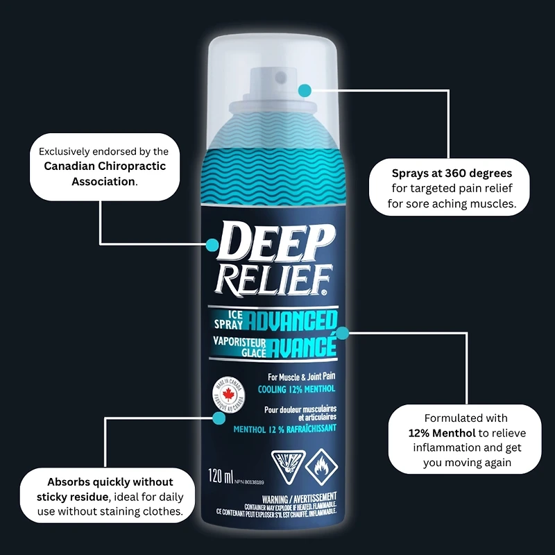 Spray glacé avancé Deep Relief | Soulagement rapide de la douleur musculaire et articulaire | Formule rafraîchissante à 12 % de menthol | Non gras, séchage rapide | Fabriqué au Canada – 120 ml