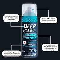 Spray glacé avancé Deep Relief | Soulagement rapide de la douleur musculaire et articulaire | Formule rafraîchissante à 12 % de menthol | Non gras, séchage rapide | Fabriqué au Canada – 120 ml
