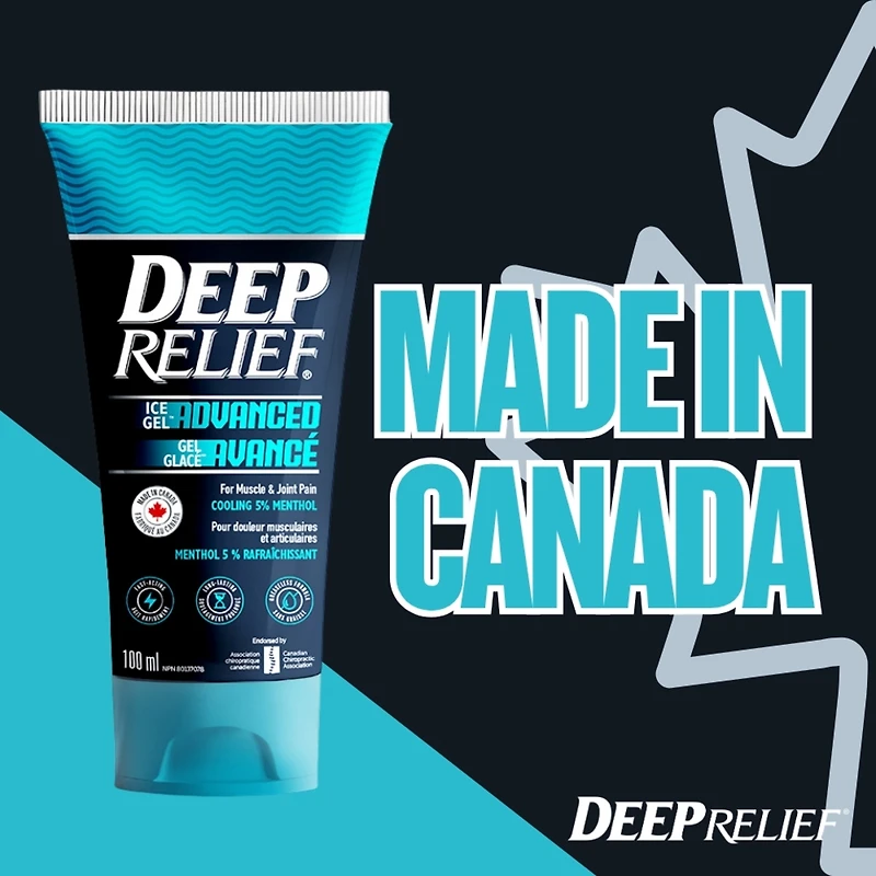 Gel glacé avancé Deep Relief | Soulagement rapide et rafraîchissant de la douleur musculaire et articulaire | Formule à 5 % de menthol | Non gras, absorption rapide | Fabriqué au Canada – 100 ml