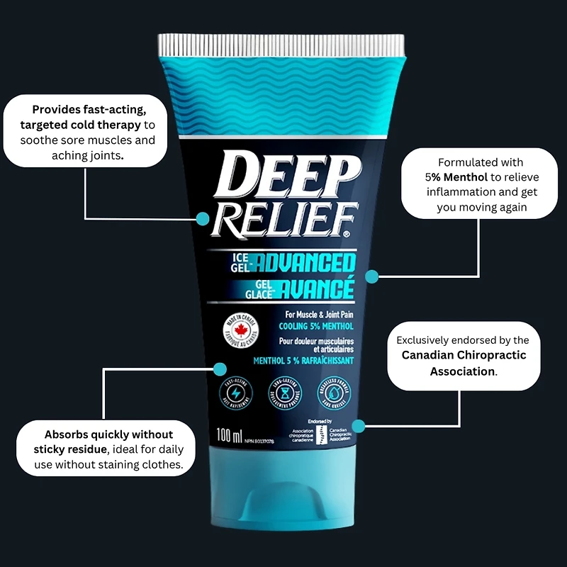 Gel glacé avancé Deep Relief | Soulagement rapide et rafraîchissant de la douleur musculaire et articulaire | Formule à 5 % de menthol | Non gras, absorption rapide | Fabriqué au Canada – 100 ml