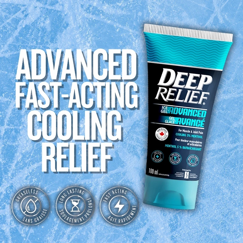 Gel glacé avancé Deep Relief | Soulagement rapide et rafraîchissant de la douleur musculaire et articulaire | Formule à 5 % de menthol | Non gras, absorption rapide | Fabriqué au Canada – 100 ml