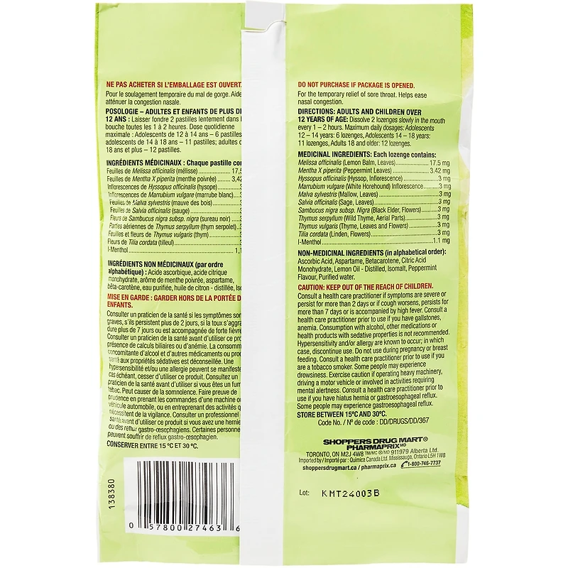 Pastilles aux herbes, au citron et à la menthe, sans sucre