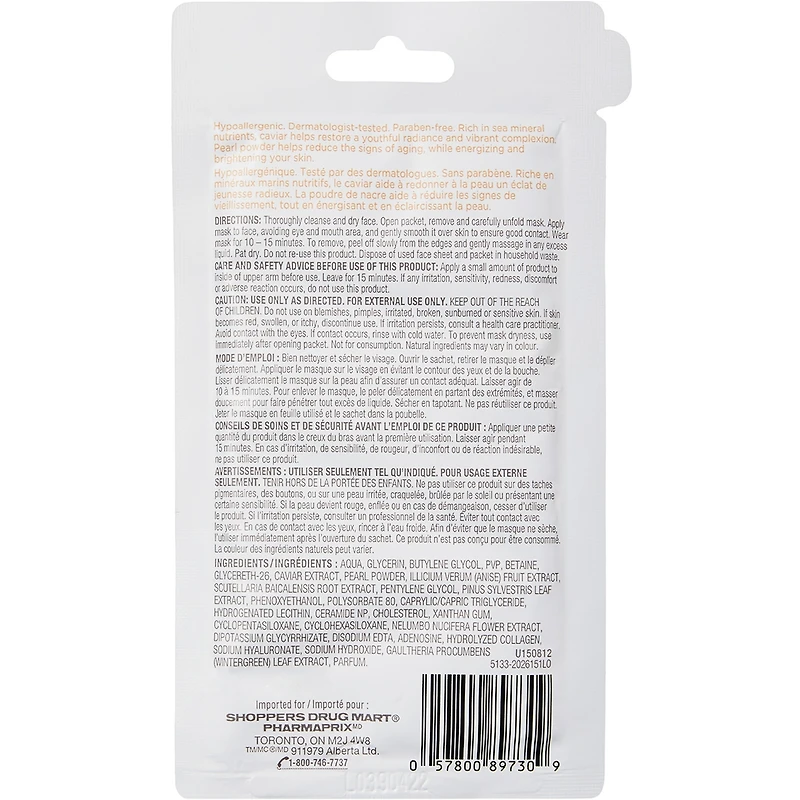 Anti-âge masque en feuille pour le visage, caviar et poudre de nacre