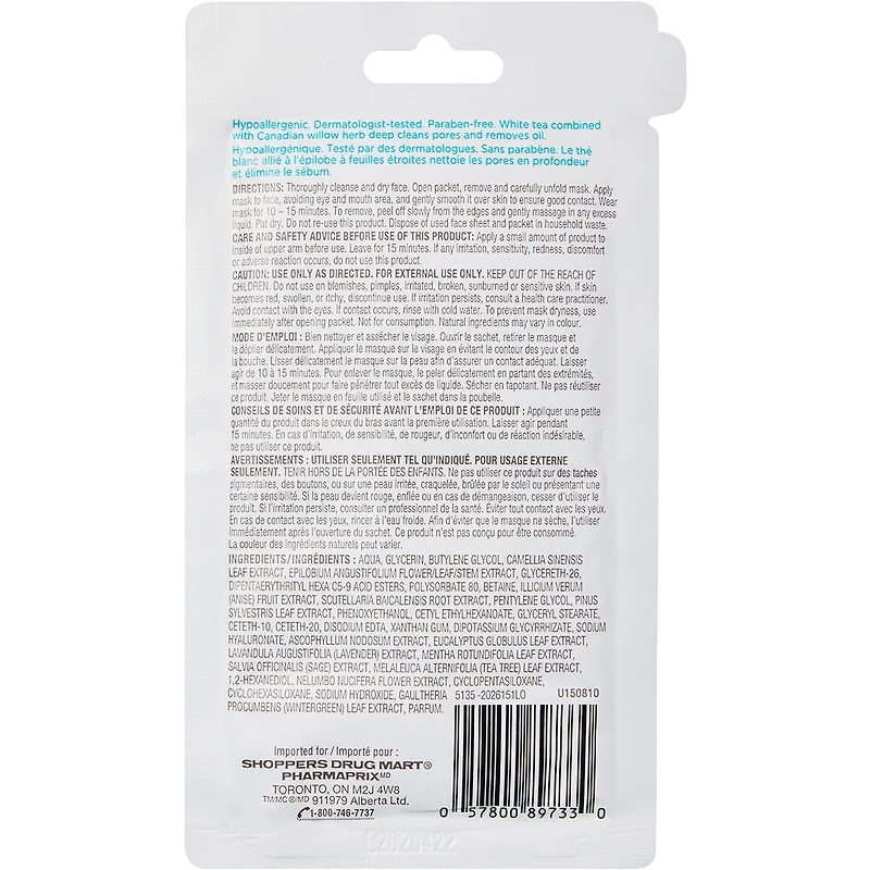 Nettoyant pour les pores masque en feuille pour le visage, thé blanc et épilobe à feuilles étroites