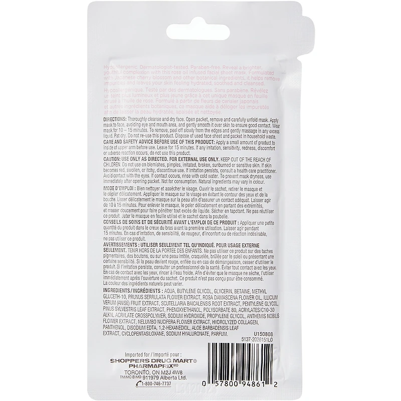Deep Cleansing Facial Sheet Mask, Rose Oil & Cherry Blossom