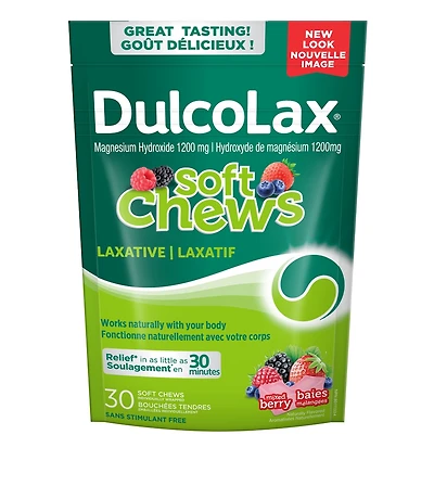Dulcolax Soft Chews, mélange de baies, fiable, prévisible et doux, un laxatif pour un soulagement rapide de la constipation occasionnelle, sans stimulant, sans gluten, pour adultes et enfants de 12 ans et plus