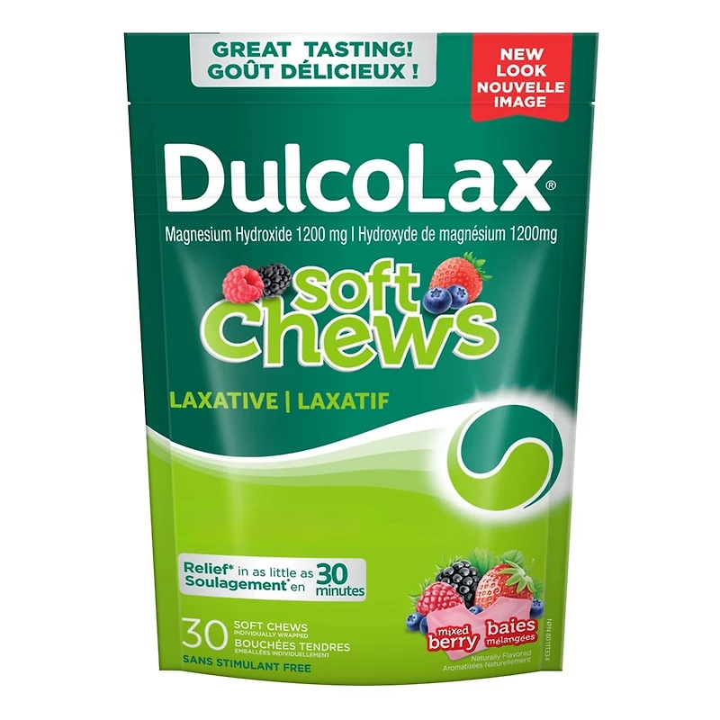 DulcoLax Soft Chews, laxatif pour un soulagement en douceur de la constipation occasionnelle, pour les adultes et enfants de 12 ans et plus, végétalien, sans stimulant, sans gluten, baies mélangées, 30 unités