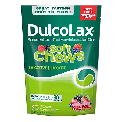 DulcoLax Soft Chews, laxatif pour un soulagement en douceur de la constipation occasionnelle, pour les adultes et enfants de 12 ans et plus, végétalien, sans stimulant, sans gluten, baies mélangées, 30 unités