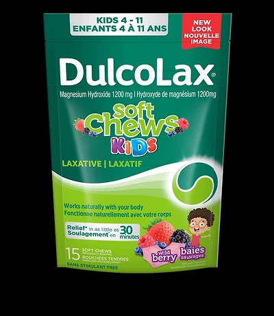 Dulcolax Soft Chews Kids, baies sauvages, fiable, prévisible et doux, un laxatif pour un soulagement rapide de la constipation occasionnelle, sans stimulant, sans gluten, pour les enfants de 4 ans et plus