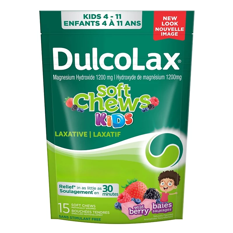 DulcoLax Soft Chews Kids, laxatif pour un soulagement en douceur de la constipation occasionnelle, pour les enfants de 4 ans et plus, végétalien, sans stimulant, sans gluten, baies sauvages, 15 unités