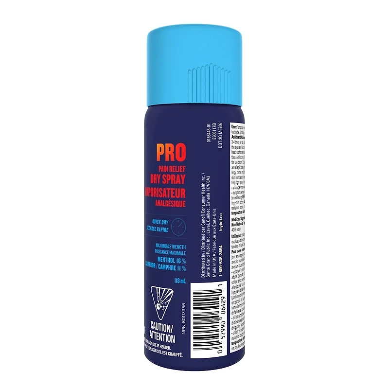 Pro Pain Relief Dry Spray, Fast-Acting Dry Spray for Minor Aches and Pains of Muscles and Joints Associated with Arthritis, Simple Backache, Strains and Sprains, Menthol 16%, Camphor 11%, 118ml