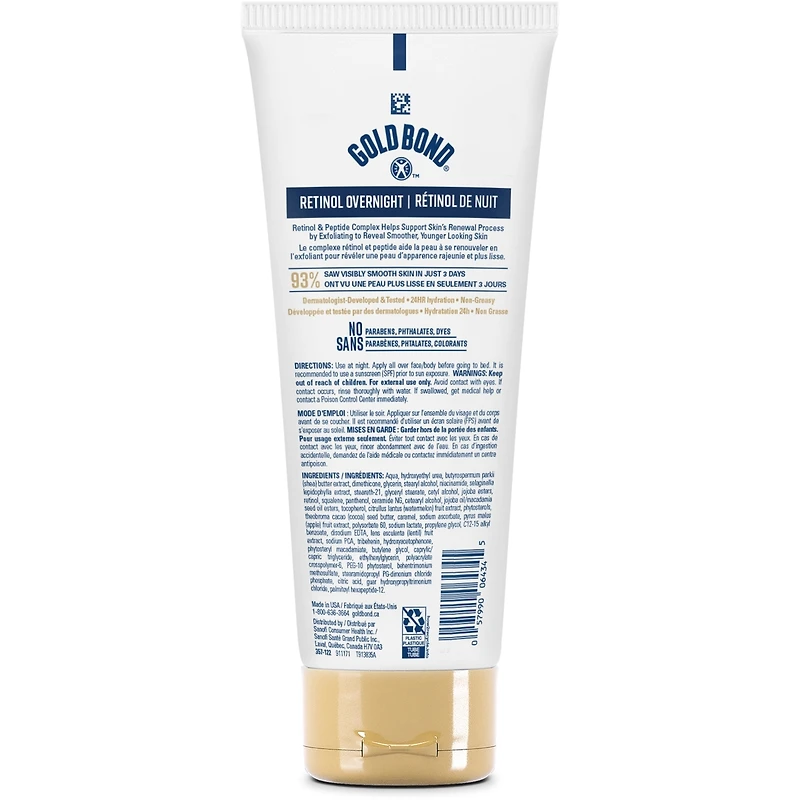 Gold Bond Age Renew Retinol Overnight Body & Face Lotion, 198g Tube, Visibly Tightens & Firms Skin, Hydrates & Moisturizes Face & Body, Formulated with Retinol and Peptide Complex