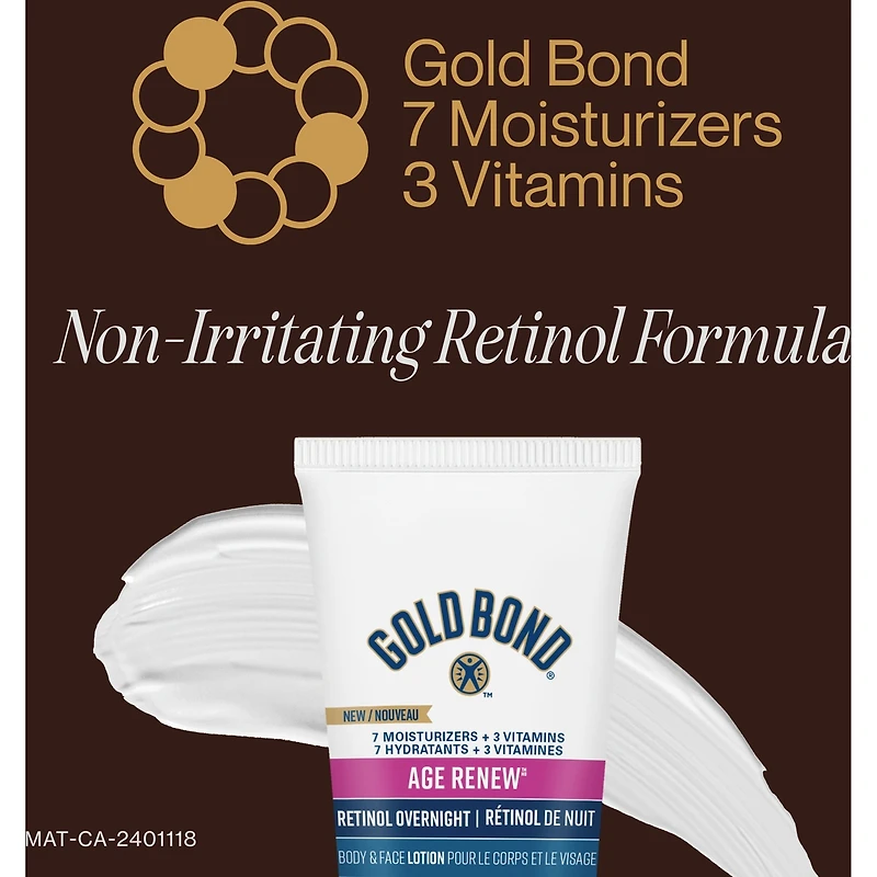 Gold Bond Age Renew Retinol Overnight Body & Face Lotion, 198g Tube, Visibly Tightens & Firms Skin, Hydrates & Moisturizes Face & Body, Formulated with Retinol and Peptide Complex