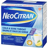 NeoCitran Cold & Sore Throat Night Hot Liquid Medication Regular Strength Lemon 10 pack