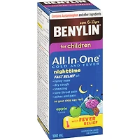 Sirop Tout-en-un Rhume et fièvre, Nuit, pour enfants, pomme