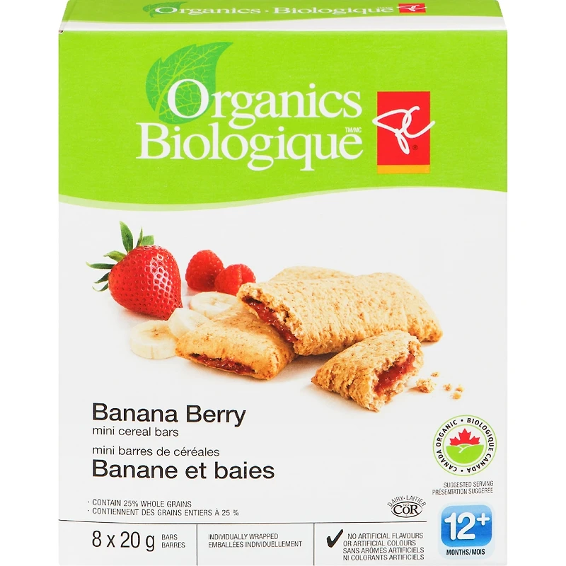 Banane et baies mini bars de cereales