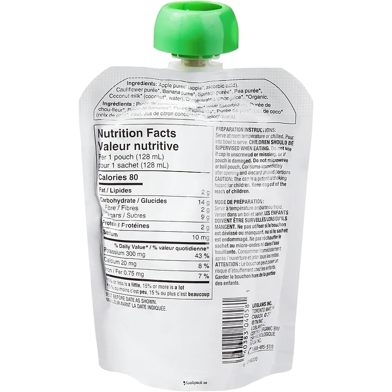 Noutrriture en purée pour bébé Fruits, légumes verts et chou-fleur avac lait de coco