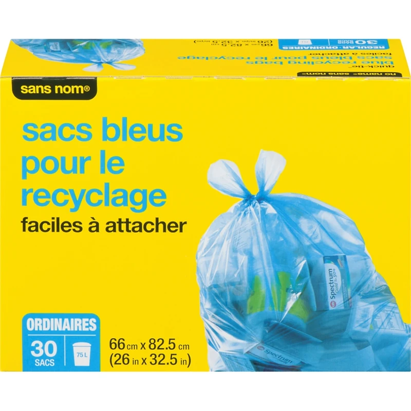Sacs bleus pour le recyclage faciles à attacher ordinaires 75 l