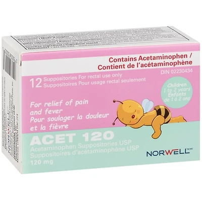 ACET Suppository for Fever & Pain 120mg - Fever Reducer Suppositories for Children (1-2 Years) - Comfortable & Safe Acetaminophen Suppository - For Rectal Use Only