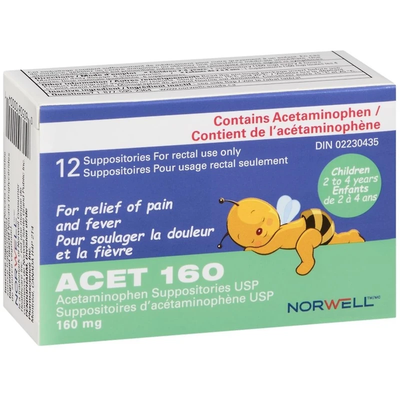 Suppositoire ACET pour la fièvre et la douleur 160mg - Suppositoires contre la fièvre pour enfants (2-4 ans) - Suppositoires d'acétaminophène confortable et sûr - Pour utilisation rectale seulement
