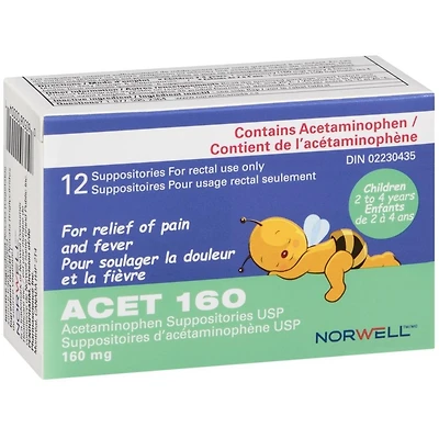 ACET Suppository for Fever & Pain 160mg - Fever Reducer Suppositories for Children (2-4 Years) - Comfortable & Safe Acetaminophen Suppository - For Rectal Use Only