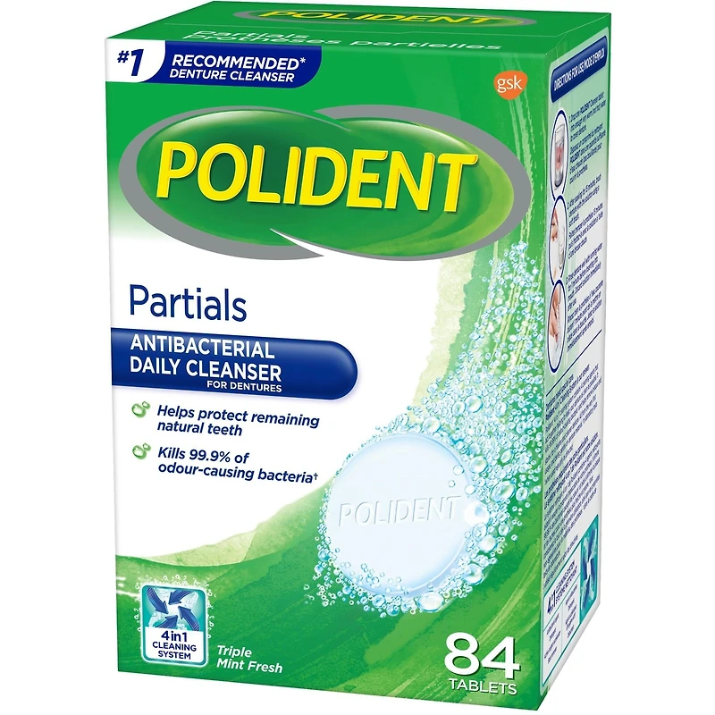 Polident Prothèses partielles Nettoyant quotidien pour prothèses dentaires 84 comprimés