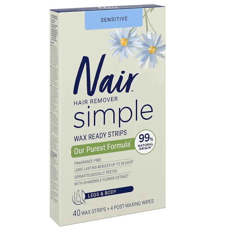 Sensitive Wax Ready Strips for Legs & Body with Chamomile Extract, 40 Strips + 4 Finishing Wipes