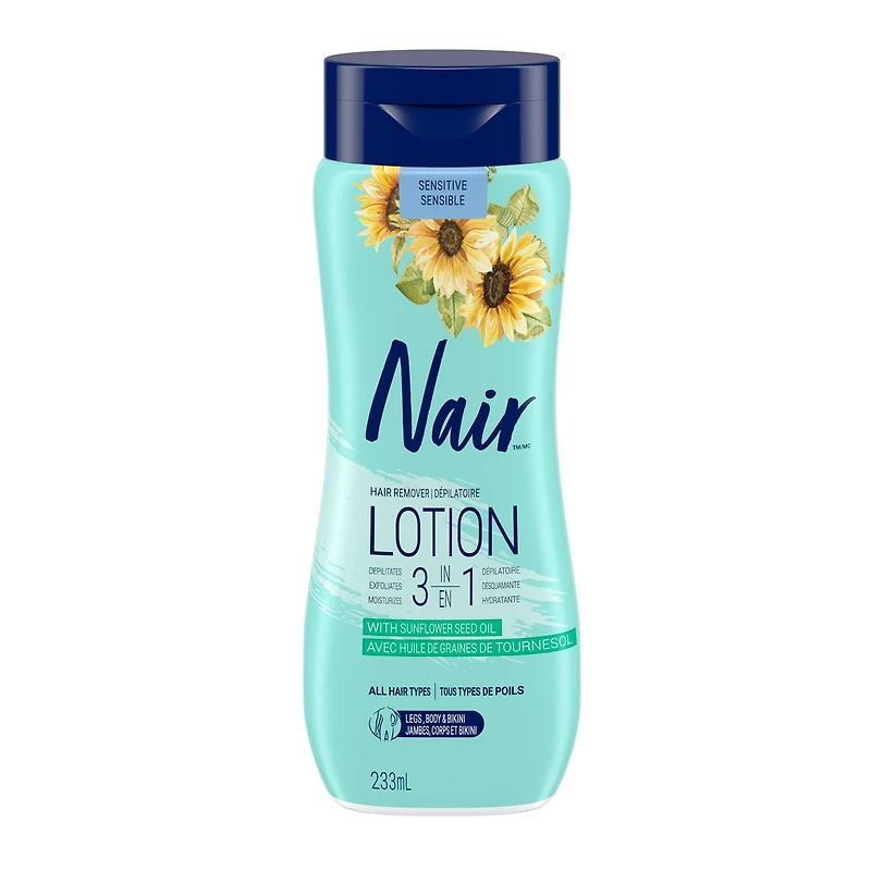 Nair 3-in-1 Hair Removal Lotion for Sensitive Skin with Sunflower Seed Oil and Green Tea Extract, 233 mL