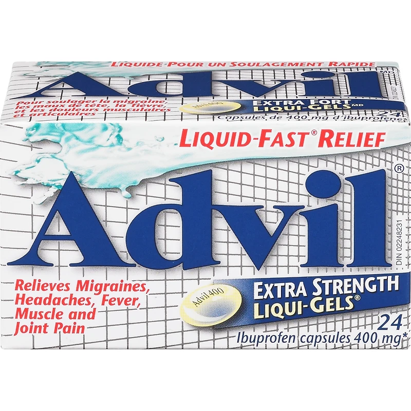 Advil, Extra-fort, pour soulager les maux de tête, les migraines et la douleur, 400 mg d’ibuprofène, flacon de 24