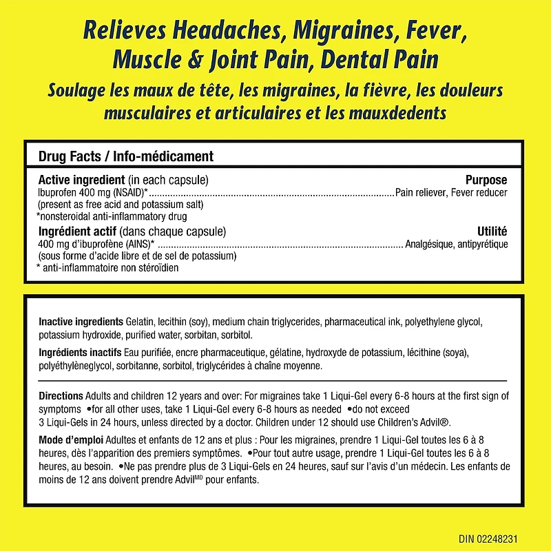 Advil, Extra-fort, pour soulager les maux de tête, les migraines et la douleur, 400 mg d’ibuprofène, flacon de 24