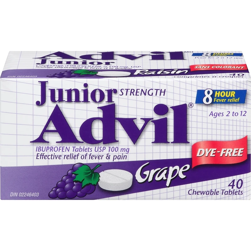 Junior Strength Advil Pain Reliever and Fever Reducer Ibuprofen Chewable Tablets, Dye Free, Grape, 40 Count