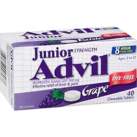 Junior Strength Advil Pain Reliever and Fever Reducer Ibuprofen Chewable Tablets, Dye Free, Grape, 40 Count
