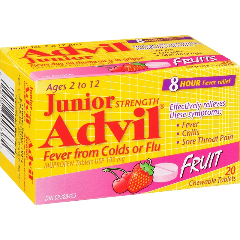 Advil Junior Fièvre due au rheum ou à la grippe Comprimés d'ibuprofène à 100 mg, Fruits, 20 comprimés